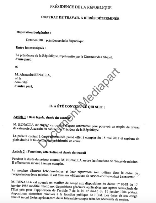 Mediapart publie le contrat de travail d'Alexandre Benalla (Document)