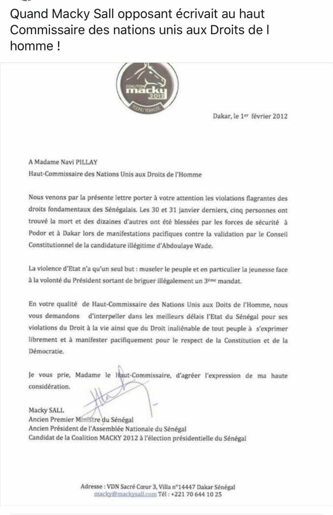 Quand Macky écrivait à la commission des droits de l’Homme des Nations Unies en 2012