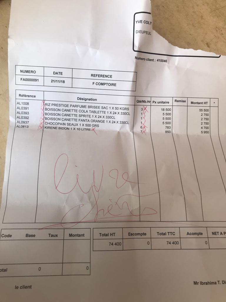 Facture d'un commerçant appliquant la hausse des prix