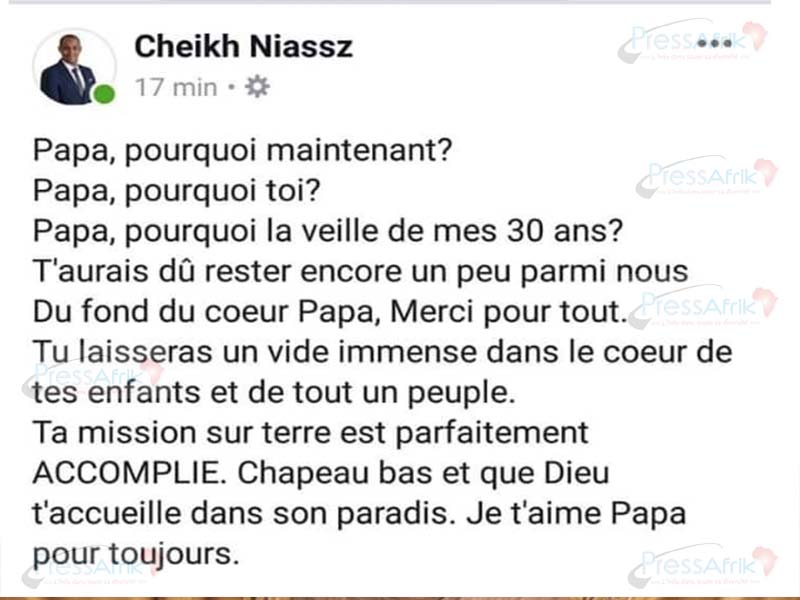 L'émouvante réaction de Cheikh Niasse, le fils de Sidy Lamine: "Papa, pourquoi la veille de mes 30 ans ?"