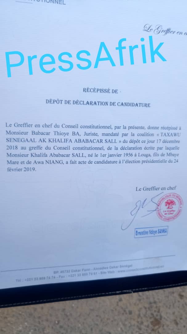 Conseil constitutionnel: dépôt de déclaration de candidature effectué pour Khalifa Sall