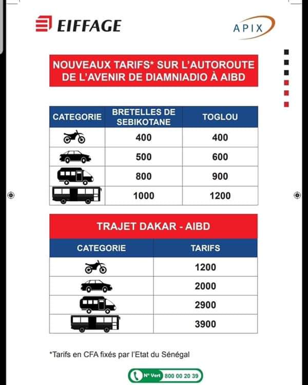 Autoroute à Péage : Eiffage publie les nouveaux tarifs fixés par l’Etat du Sénégal 