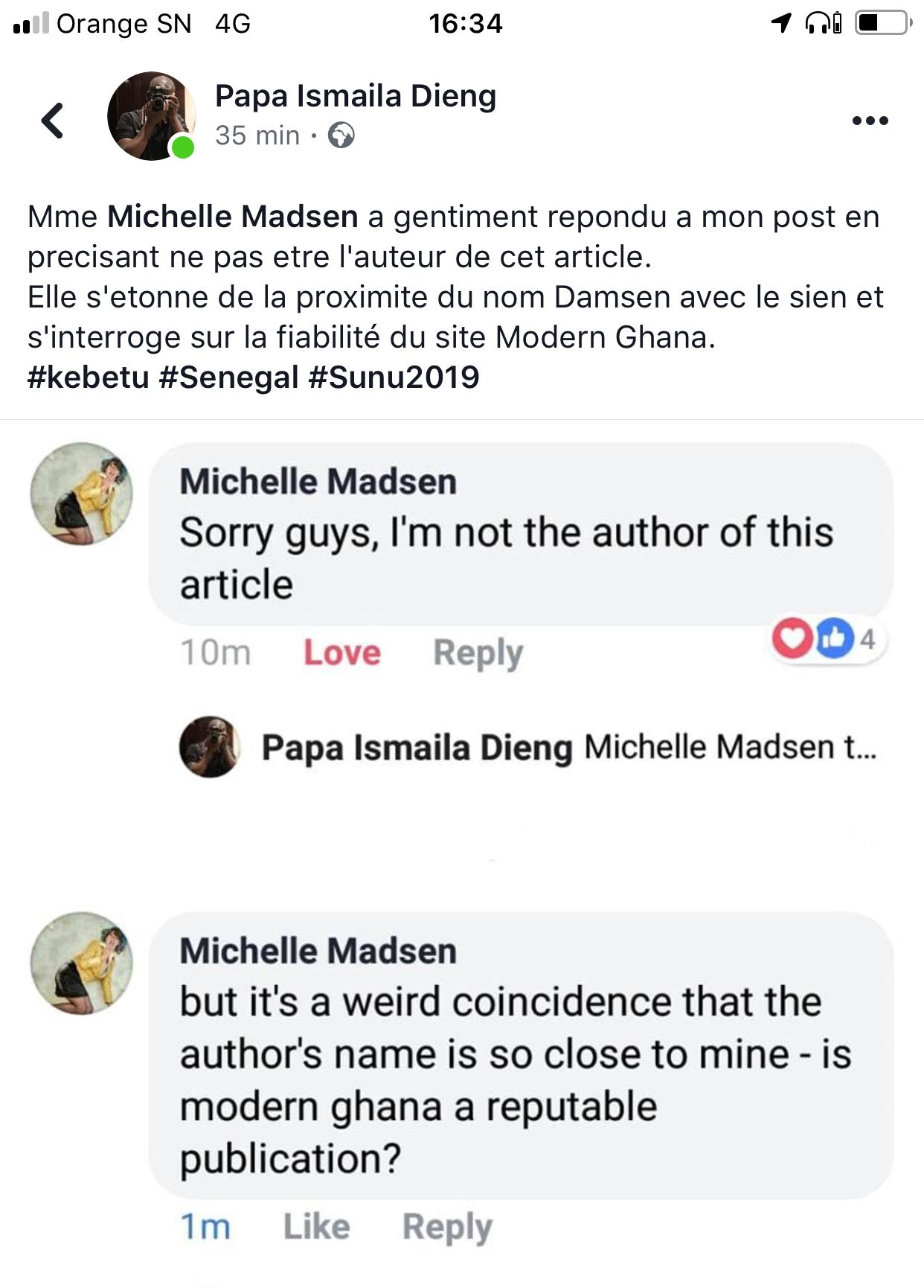 Capture d’écran des échanges entre Pape Ismaila Dieng et Michelle Madsen sur Facebook