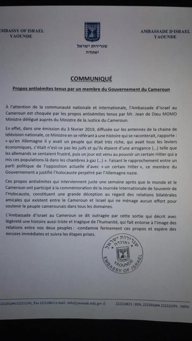 Israël se dit "outragé" par un ministre camerounais