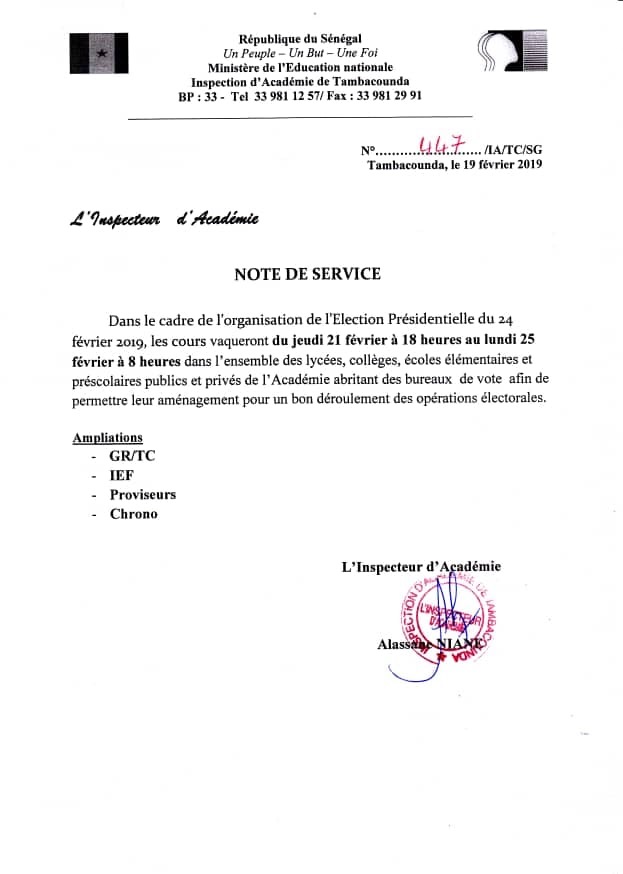 Scrutin du 24 février : vacances des cours dans les établissements concernés de jeudi à lundi 