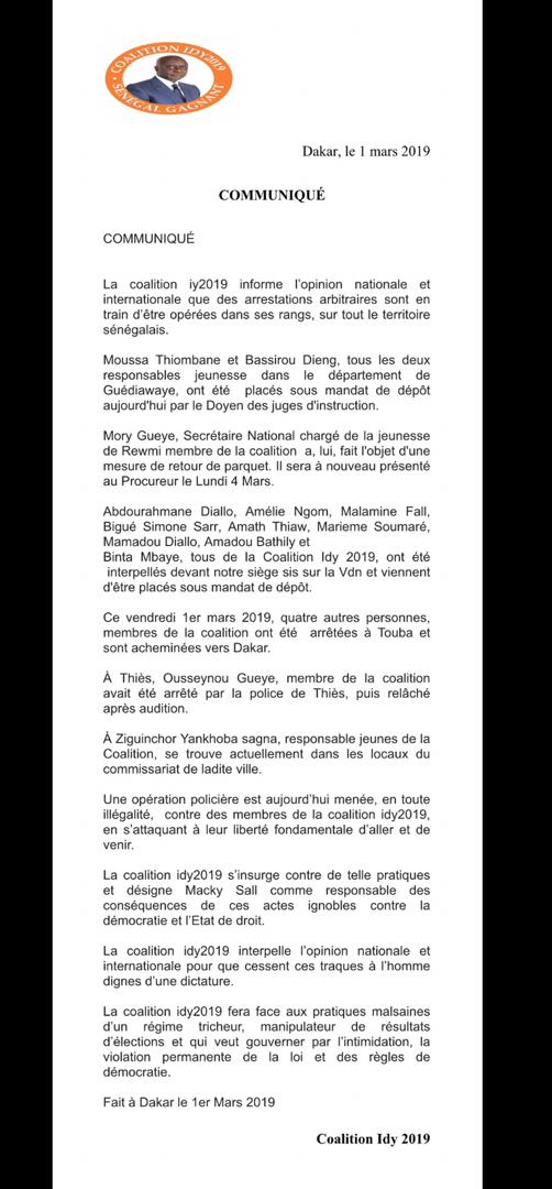 La coalition Idy 2019 dénonce les arrestations de ses responsables et menace de répliquer 