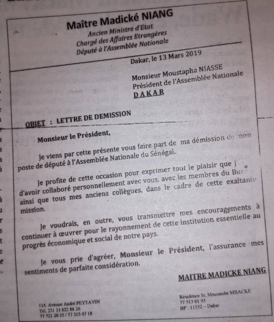 Me Madické Niang écrit une lettre à Niasse et quitte l'Assemblée nationale 