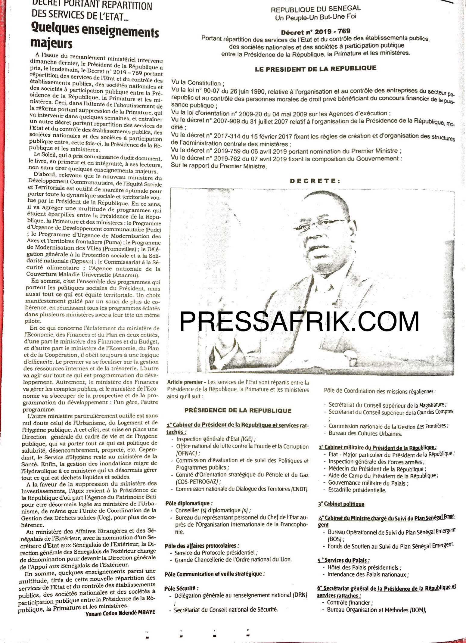 Décret de répartition des services de l’Etat: Découvrez les ministères les mieux servis et ceux qui sont mal lotis (Document)