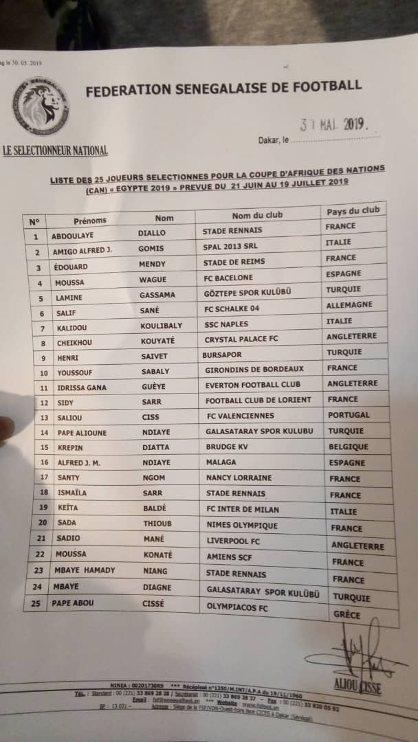 CAN 2019: Aliou Cissé publie une pré-liste de 25 joueurs