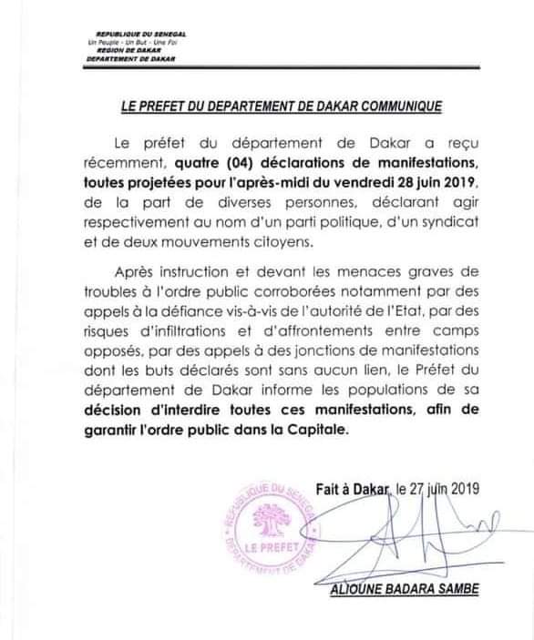 Le Préfet de Dakar interdit 4 manifestations prévues ce vendredi