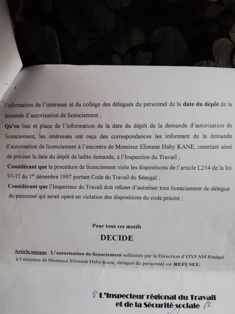 Contentieux Oxfam- Elimane Kane: L'inspection du travail rejette la demande d'autorisation de licenciement de l'employé