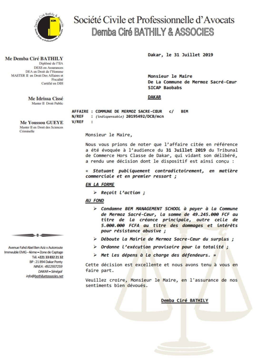 Le tribunal de Hors classe de Dakar condamne BEM à payer plus de 54 millions à la commune de Mermoz-Sacré-coeur