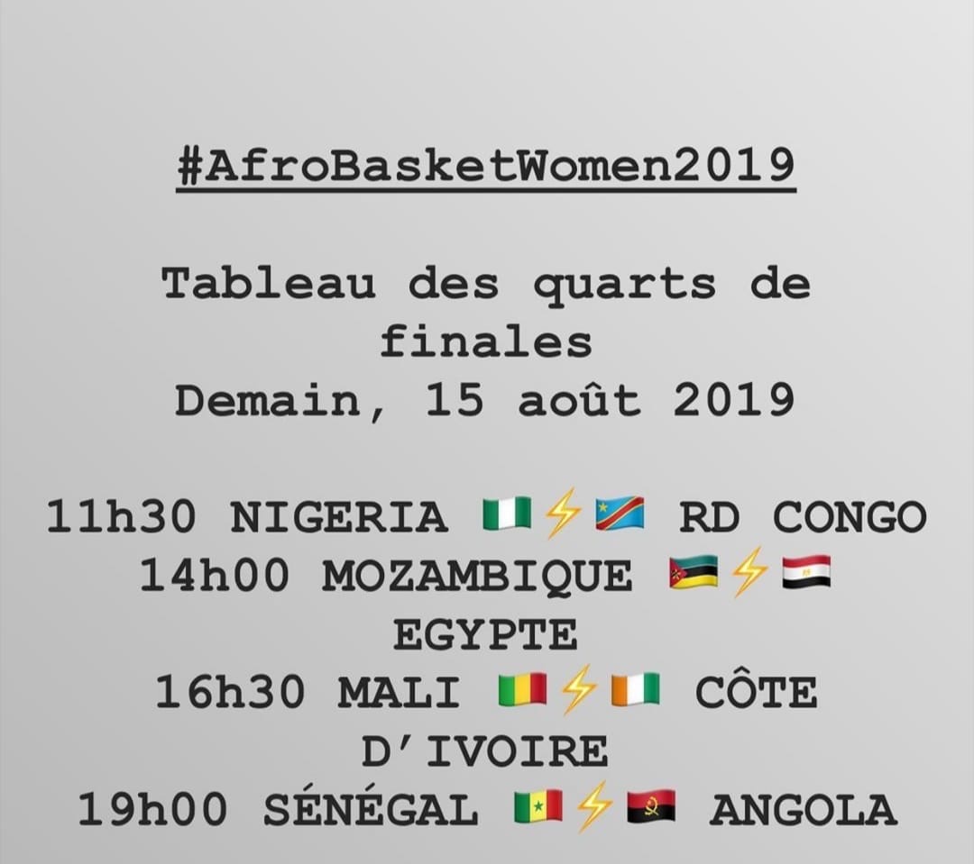 Les affiches des Quarts de finale de l’Afrobasket féminin 2019 
