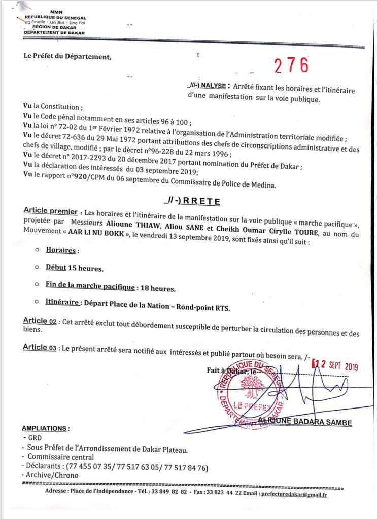 La marche de "Aar Li Nu Bokk" autorisée par le Préfet de Dakar