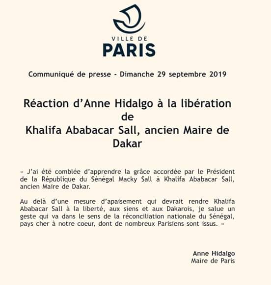 Anne Hidalgo exprime sa joie après la libération de Khalifa Sall (document)