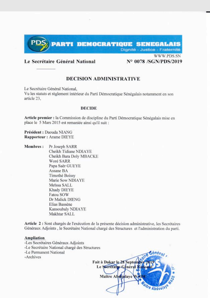 Pds: Abdoulaye Wade remanie la commission de discipline