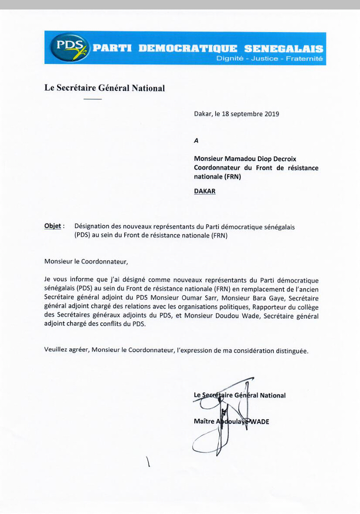 Représentants du Pds au sein du FRN: Wade remplace Oumar Sarr