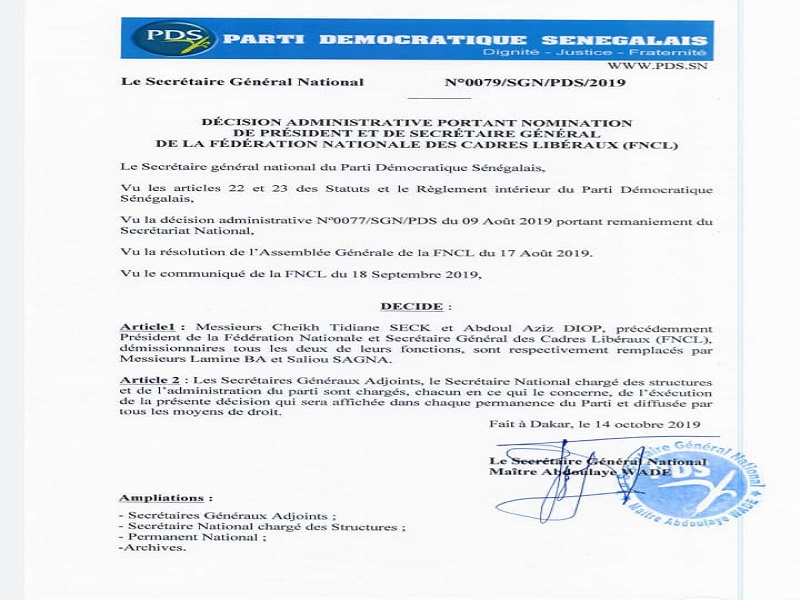 Président et Secrétaire général de la FNCL : Wade nomme Lamine Bâ et Saliou Sagna 