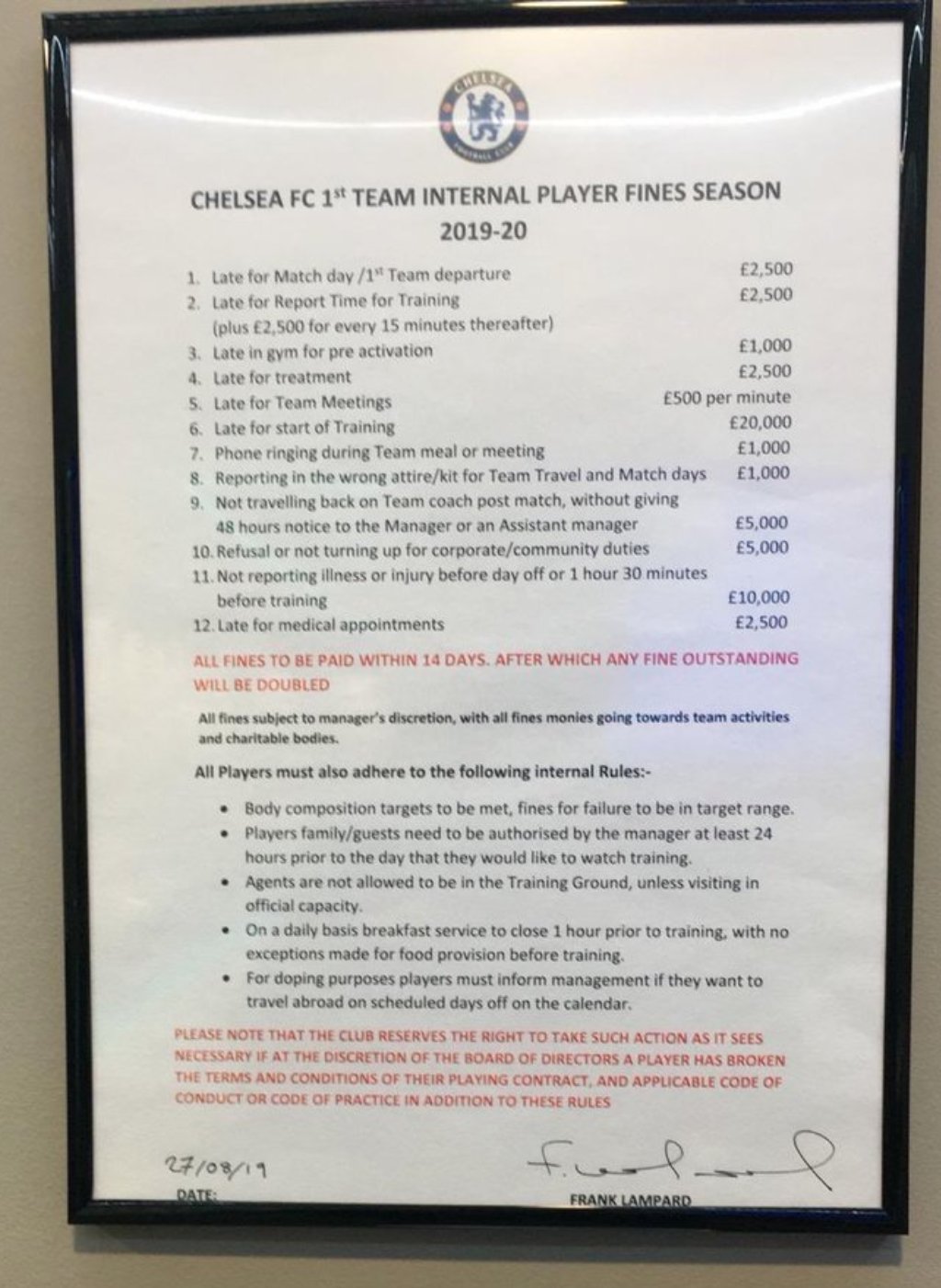 Chelsea - Liste des amendes infligées aux joueurs: les montants et les délits visés