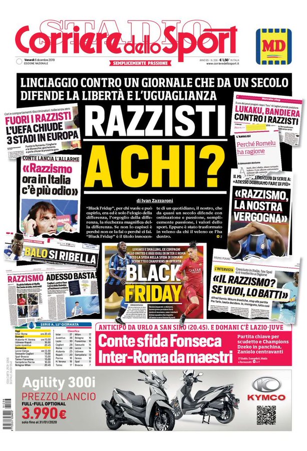 Racisme: le journal italien Corriere dello Sport refuse de s'excuse et parle de lynchage