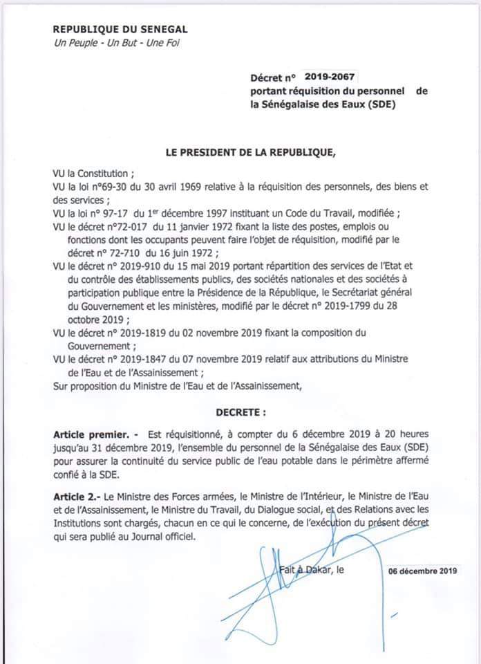Le Président Macky Sall met fin à la grève des travailleurs de la SDE: il signe un décret pour réquisitionner tout le personnel