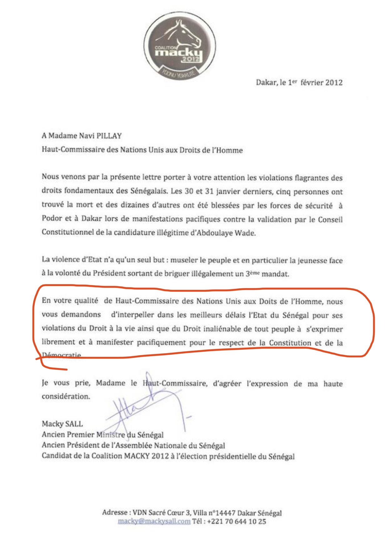 VAR - Cette lettre de Macky en 2012 à l’ONU pour dénoncer l’interdiction de manifestater aux Sénégalais