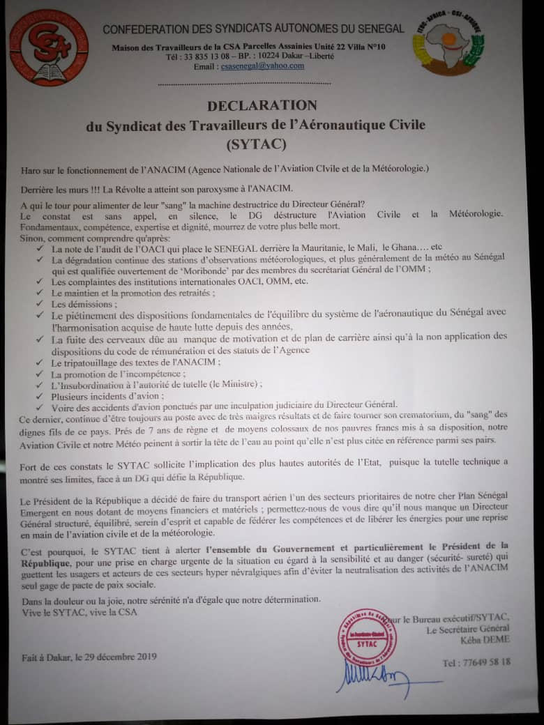 Vents troubles à l'Anacim: le Syndicat des travailleurs réclame la tête de leur DG Maguéye Maram Ndao