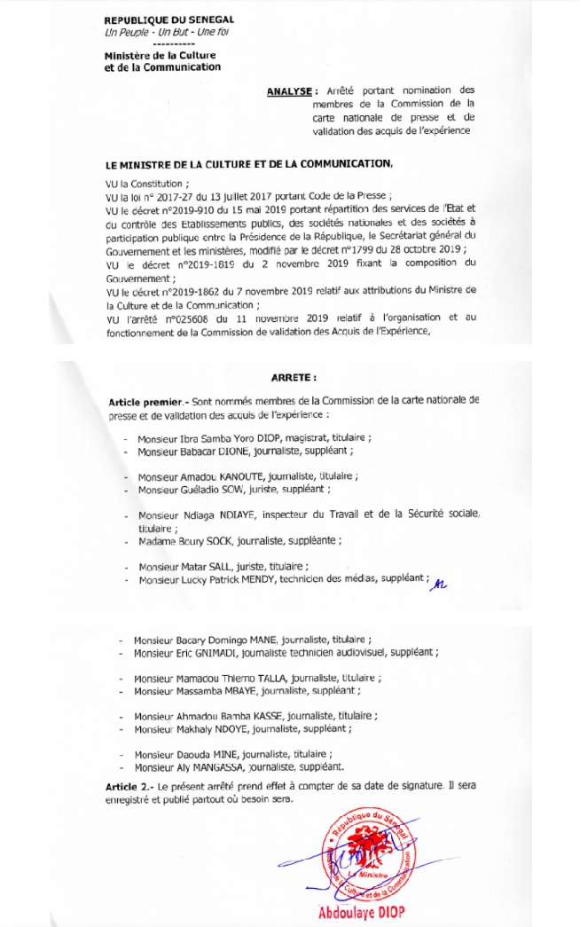 Document-Commission de délivrance de la Carte nationale de presse : voici les noms des 16 membres