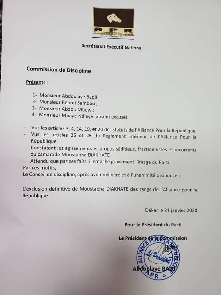 Urgent - Moustapha Diakhaté exclu définitivement de l'Alliance pour la République (Apr)