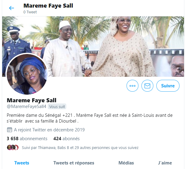 capture d'écran du profil du faux compte de la Première dame créé en décembre 2019 avec moins de 500 abonnés