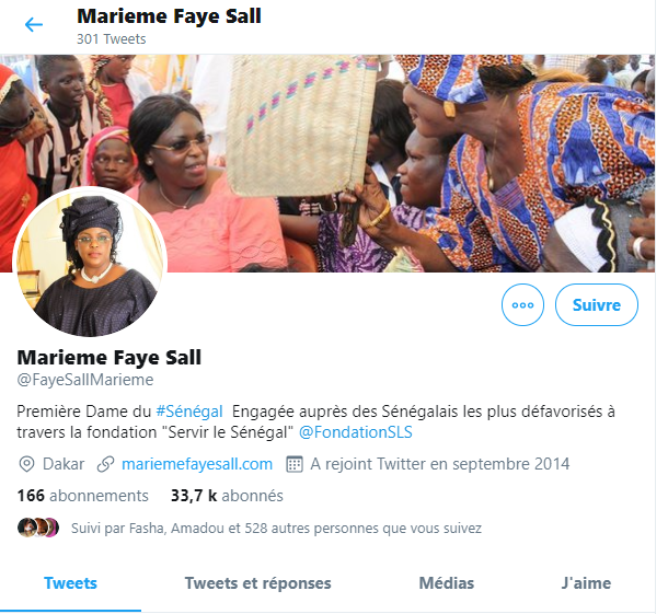 Capture d'écran du vrai compte de la Première Dame, créé depuis septembre 2014... avec plus de 33 mille abonnés