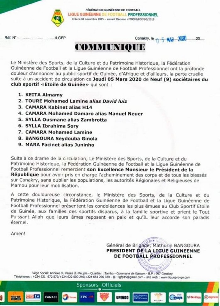 Accident du véhicule d'un club de Ligue 2 en Guinée: les autorités annoncent un bilan de 9 morts
