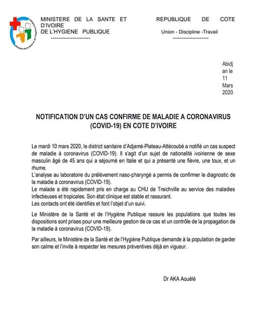 #Coronavirus: la Cote d'Ivoire enregistre son premier cas confirmé 
