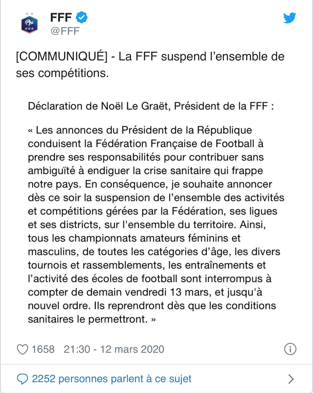 Coronavirus : la FFF suspend l'ensemble de ses compétitions