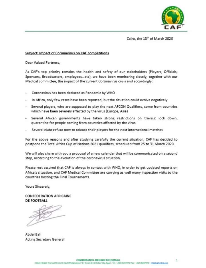 #Coronavirus: La Caf décide de reporter les 2 prochaines journées des éliminatoires de la CAN2021