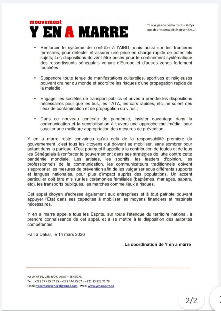 #Coronavirus - Le mouvement Y’en A Marre appelle le Gouvernement à interdire toute forme de rassemblements