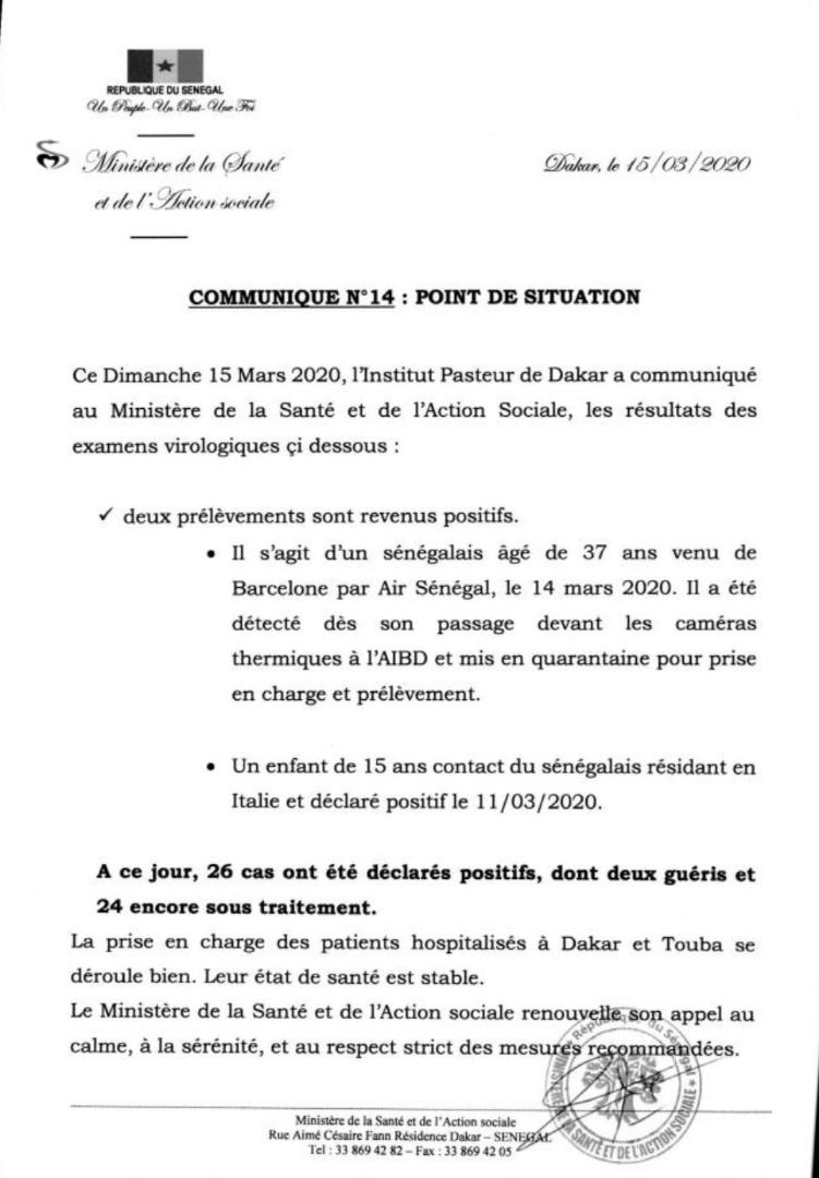 Coronavirus: le Sénégal enregistre 2 nouveaux cas, soit un total de 24
