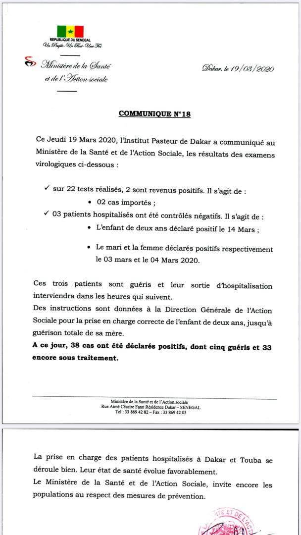 #Covid 19: l'expansion de la maladie se poursuit au Sénégal, avec 2 nouveaux cas positifs, 3 patients guéris