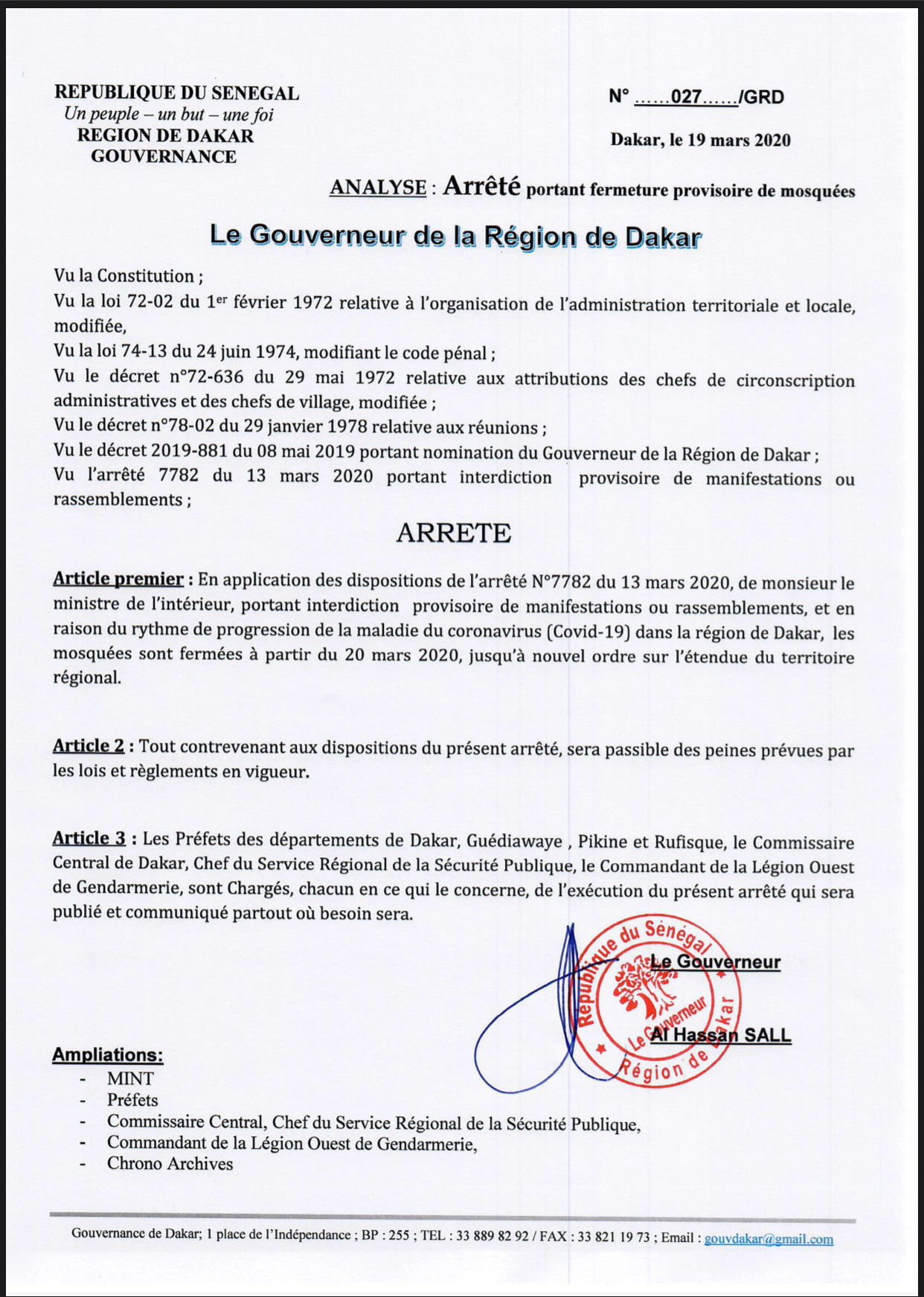 #COVID19sn -  L’Etat ferme toutes les mosquées de Dakar (Arrêté)