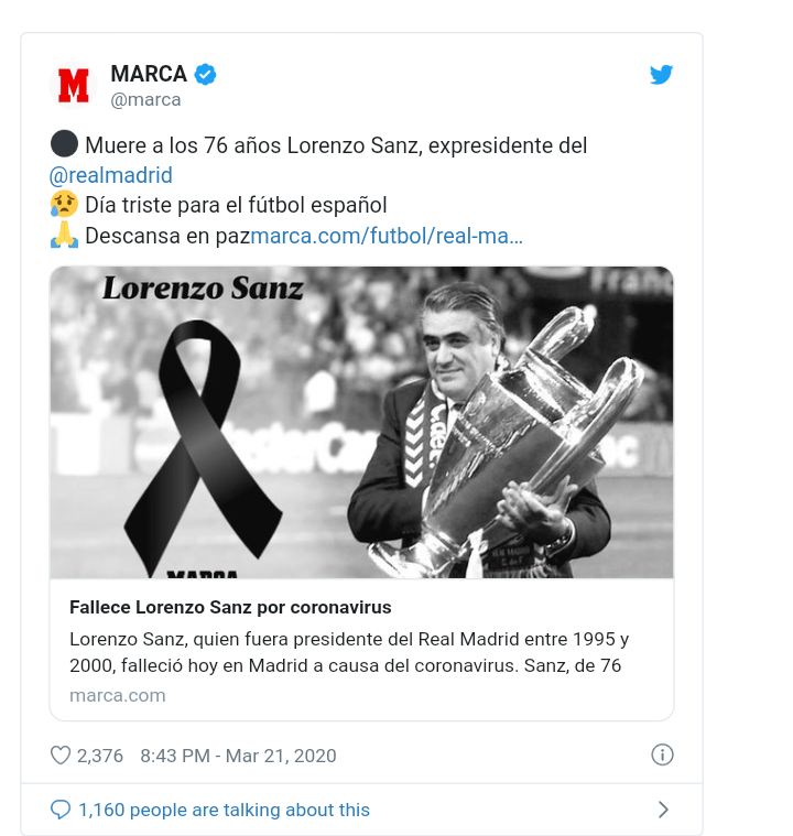 Coronavirus: l'ancien président du Réal, Lorenro Sanz décède