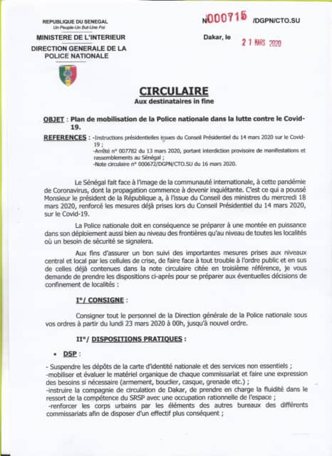 Le circulaire du Directeur général de la police qui prépare au « confinement de localités »