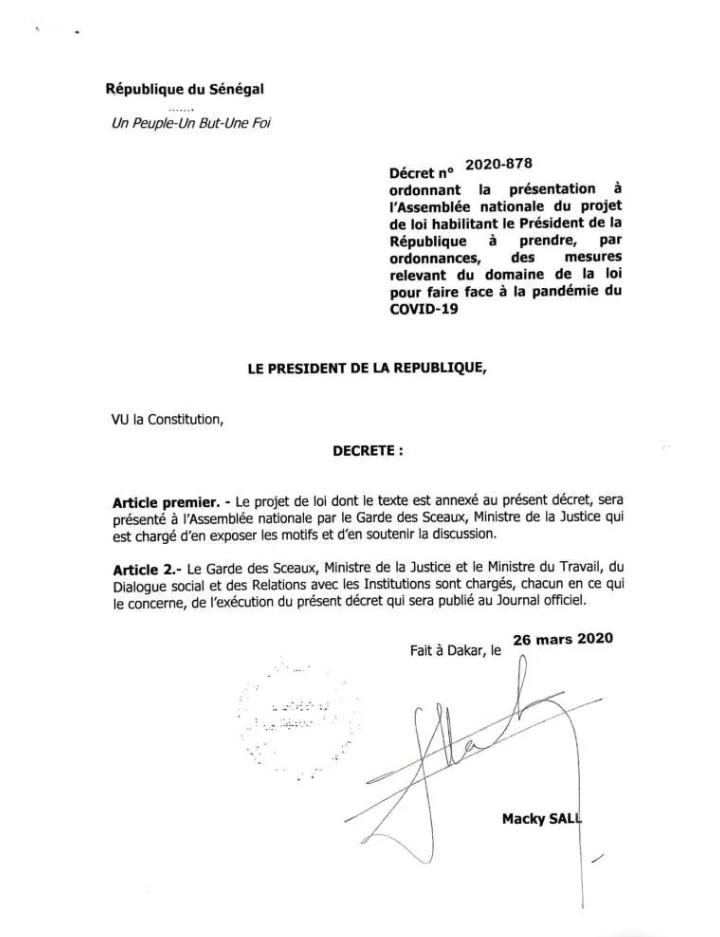 #Covid19sn: voici le projet de loi habilitant le président Macky Sall à gérer par ordonnance (document)