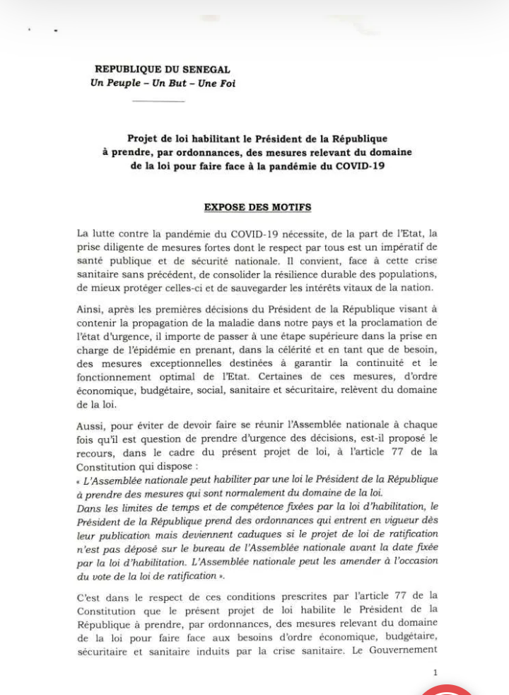 #Covid19sn: voici le projet de loi habilitant le président Macky Sall à gérer par ordonnance (document)