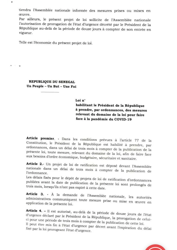 #Covid19sn: voici le projet de loi habilitant le président Macky Sall à gérer par ordonnance (document)