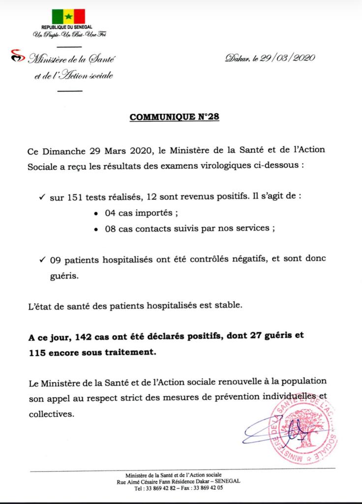 Point Covid-19 de ce dimanche 29 mars 2020: 12 nouveaux cas positifs, 9 malades guéris