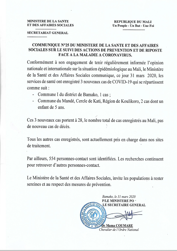 #COVID19 - trois (3) nouveaux cas positifs dont un enfant de 5 ans au Mali
