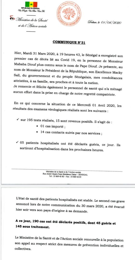 Suivez le Point Covid-19 de ce mercredi 1er avril 2020... 15 nouveaux cas positifs et 5 malades guéris
