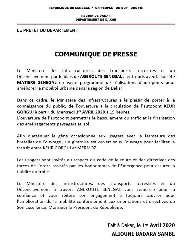 Dakar : ouverture à la circulation de l'autopont Keur Gorgui ce mercredi à partir de 19 heures