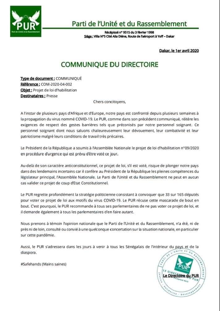 Le parti PUR refuse de voter le projet de loi habilitant Macky Sall 