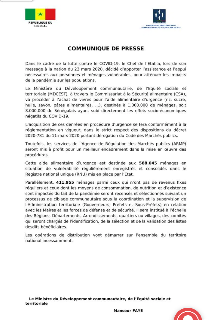 #Covid-19sn: les modalités de distribution de l’aide alimentaire aux couches vulnérables (document)